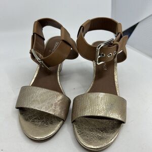 Donald J. Pliner Gold Strap Buckle Leather Wedge Sandals Womens Size 5.5
